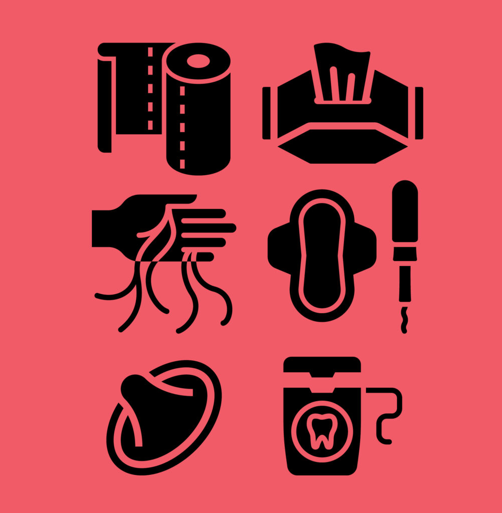 Paper towels, flushable wipes, hair, tampons, pads, condoms, floss